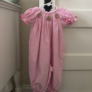 Anavini Baby pink corduroy smocked Christmas bubble
